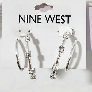 Nine West Medium Sized Silver Tone & Diamente Hoop Earrings